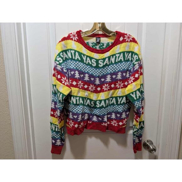 Joyland Christmas Yas Santa Sweater Rainbow Fair Isle Long Holiday Pullover Sz L - Picture 1 of 6